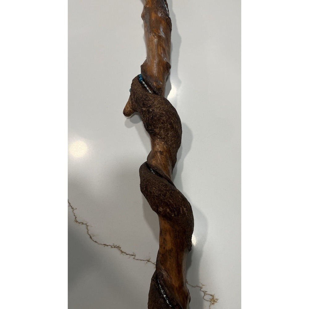 Hand Carved Wooden Walking Stick Spiral Cane with Turquoise Silver Inlay 51" - Picture 10 of 13